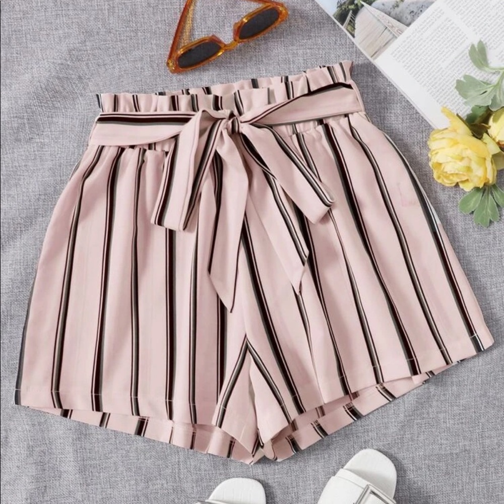 Shein Paper Bag High Waisted Belted Striped Shorts in Pink and Black Size S
